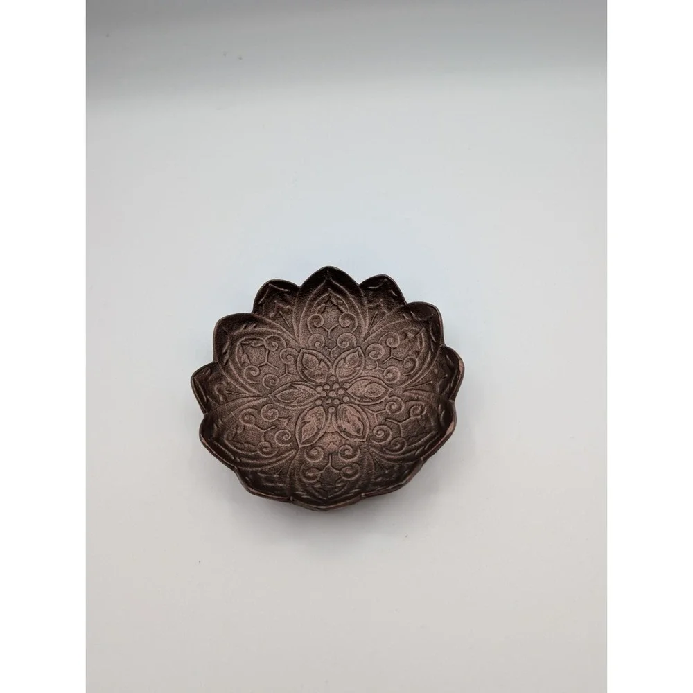 Lotus Flower Metal Trinket Dish Bronze Tone Embossed Jewelry Ring Catchall Bowl